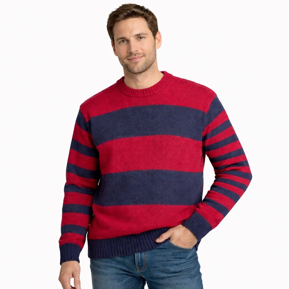 Vintage Woolrich Men’s Striped Cotton Sweater Red Navy Made in USA Size Large‎